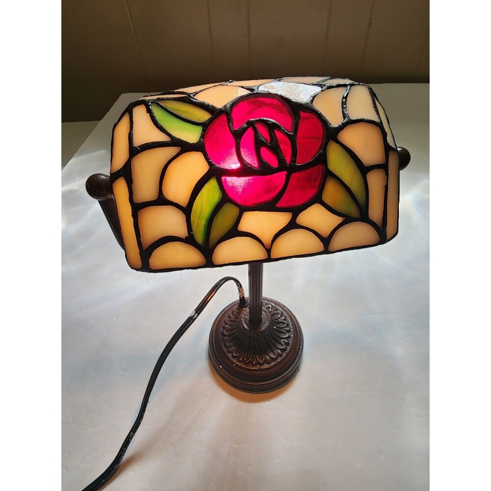Elements Vintage Tiffany Style Inspired Bankers Desk Lamp Red Rose Stained Glass